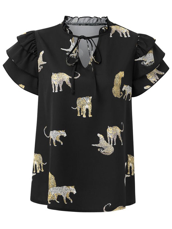 New casual summer V - neck printed ruffle sleeve top - Top